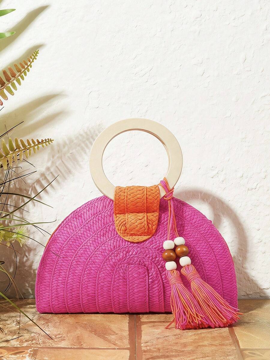 Paper Straw Color - Borsa a mano da donna rotonda